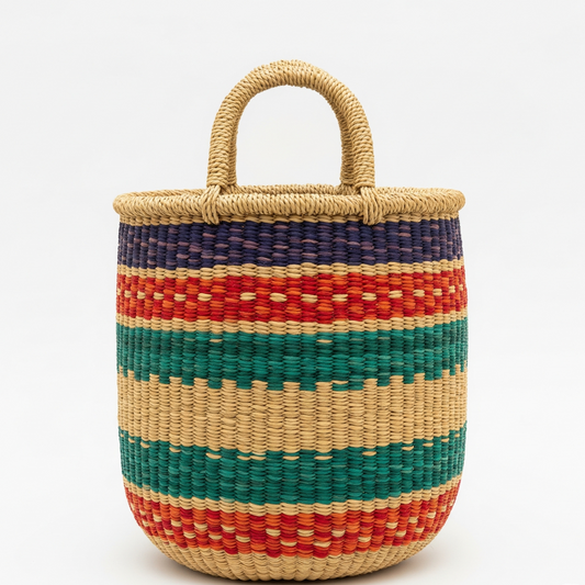 Handwoven Baba Tree Market Basket – Short Handle, Multi-Stripe