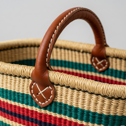 Handwoven Baba Tree Market Basket – Short Handle, Multi-Stripe