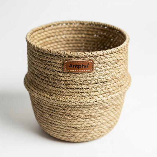 Antpha Handwoven Seagrass Storage Basket – Natural Decorative Home Organizer with Handles