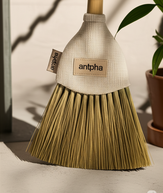 Antpha Handcrafted Soft Grass Broom – Natural Sweeping Brush with Bamboo Handle (Minimalist Cleaning Tool)